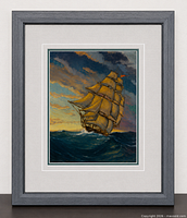 Overall view of framed painting showing frame, mats and artwork