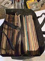 Bag containing upright stack of LP records
