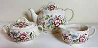 Teapot, covered sugar bowl, and creamer front view