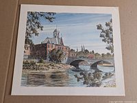 Print showing riverside building with clock-tower and stone bridge