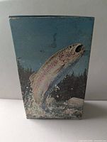 Front of box with leaping trout artwork