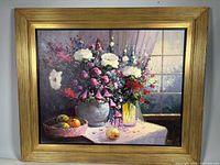 Full view of framed oil painting showing floral still life and fruit