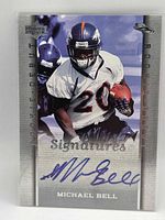 Front of Upper Deck Rookie Debut Signatures card showing Michael Bell action image and autograph