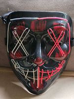 Front view mask unlit shows red and pale wires on black surface