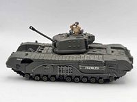 Left side view showing overall tank body, turret, crew figure, decals