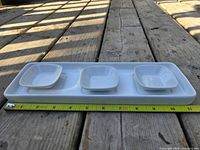 top view of tray with three bowls and tape showing 12 in.