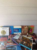 Group shot of approximately 30 vintage LP records leaning against wall
