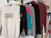 Full view of five hanging clothing items