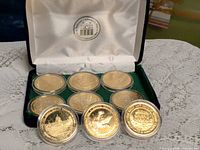Display case open showing nine encapsulated gold-tone tokens