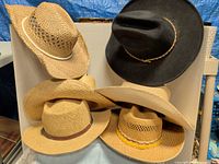 Group view of five hats arranged together
