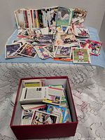 Wide view of all loose cards spread on cloth and box of additional cards