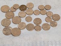 Overview of all 28 coins spread on cloth