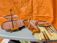 Full set: tiered tray, oval tray, small tray, knives in cloth roll