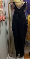 Front view of black denim overalls on hanger