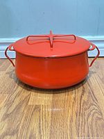 Whole Dutch oven with lid on showing exterior color and shape