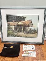 Framed Esso print, Shell bag, two cards shown together