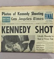 Top section of folded front page showing masthead, date June 5 1968 and headline "KENNEDY SHOT"