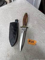 Knife and sheath side by side showing blade, handle materials, sheath stitching