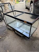 Rectangular glass aquarium with black frame on a dolly
