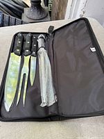 Set inside open zippered case showing knife, fork, honing rod