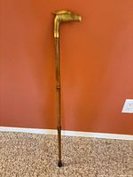 Full view of wooden cane with brass eagle head handle and rubber tip