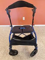 Front view showing blue frame, split seat, storage bag and wheels
