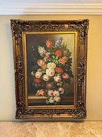 Framed floral still life painting full view