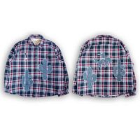 Front and back views of plaid jacket showing cactus and cowboy silhouette patches