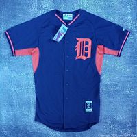 Full front view of Detroit Tigers jersey showing color, logo and hang tag