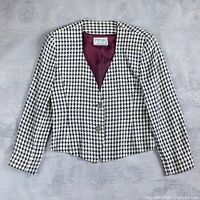 Full front view of blazer showing pattern, cut and buttons