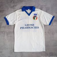 Full front view of jersey showing design, collar, sleeve cuffs, text and patch
