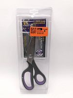 Front view of sealed package showing Titech pinking shears and handle colors