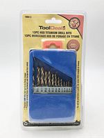 Front view of sealed ToolDeal 13-piece HSS titanium drill bit set in retail packaging