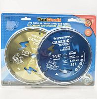 Front view of sealed package showing both saw blades and specifications
