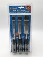 Front view of sealed ToolDeal 3-pc chisel set in packaging