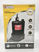 Front of box showing Utilitech logo and pump image with key specs