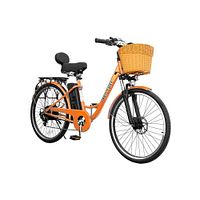Stock image of orange Daymak Paris Deluxe e-bike front three-quarter view showing basket, frame, fork, wheels