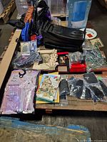 Overview of pallet with humidifier box, costume, Tesla gloves, trays, figurine, cords, cards