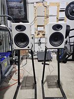 Front view of both Audioengine A5 speakers on stands