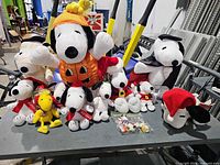 Group shot of all Snoopy and Woodstock plush toys and bag of keychains on table