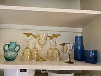 Full group: teal vase, amber wine & sherry glasses, blue carafe and tumbler