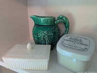 All three items on shelf – pitcher, trinket box, Morgenstern dish