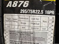 Label with model A876, size, ply rating and specifications