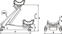 Side profile schematic of jack showing adjustable arm, saddle and dimensions