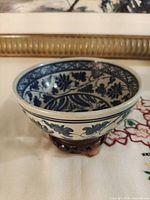 Oblique view of bowl on stand showing exterior floral motif