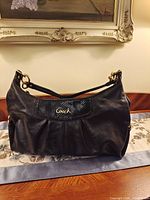 Front view showing leather, pleats and logo panel