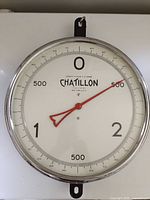 Full view of Chatillon hanging scale showing entire dial and hanging loops