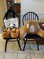 Group shot showing tote, slippers, and lumbar pillow on chairs