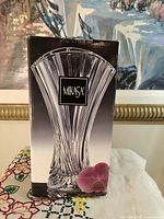 Front of boxed Mikasa crystal vase showing product image and branding