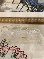 Full set on cloth showing creamer, sugar bowl, tray and Bohemia label